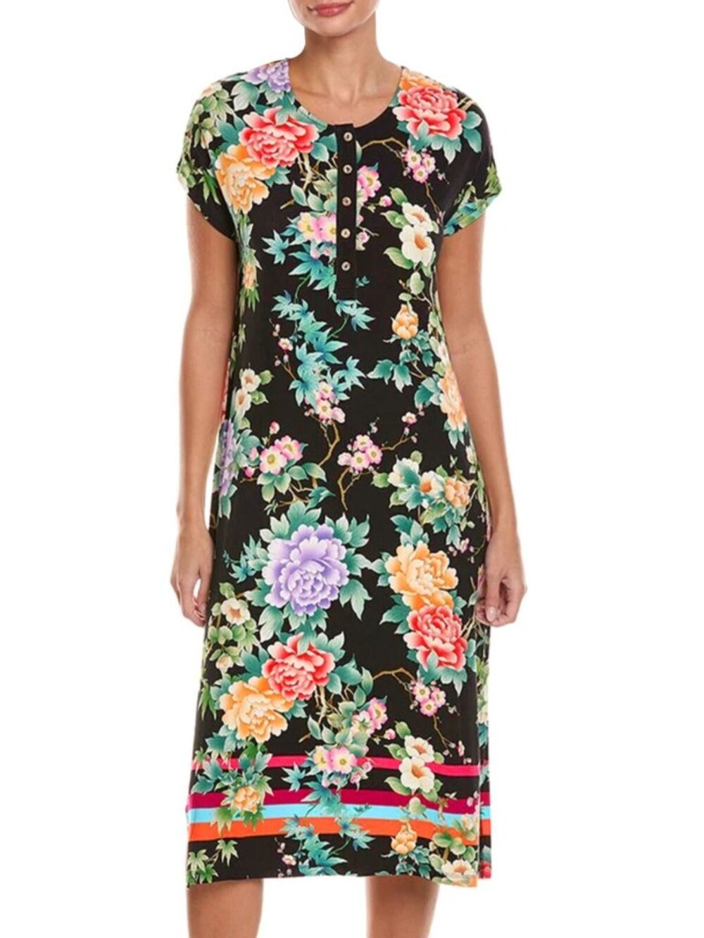 Johnny Was Women's Le Jardin Maxi Henley Floral Midi Dress in Black Multi Size S
